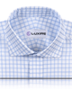 Front close view of custom check shirts for men by Luxire light blue plaid