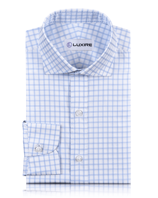 Front view of custom check shirts for men by Luxire light blue plaid