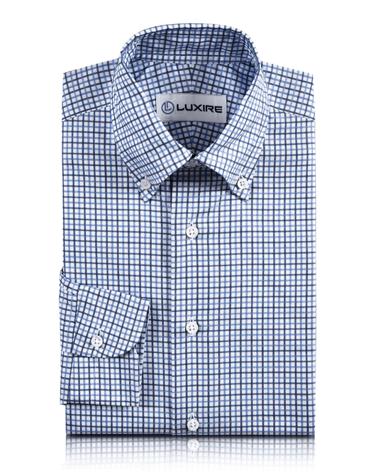Front closeup view of custom check shirts for men by Luxire in navy sky tattersall