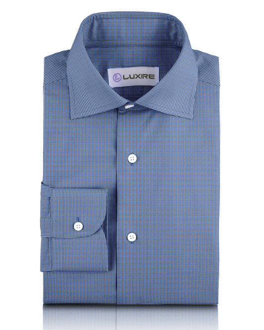 Front view of custom check shirts for men by Luxire royal blue micro gingham