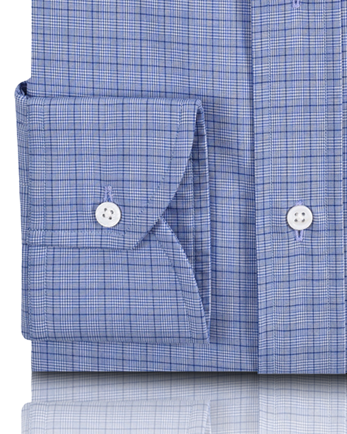 Close up view of custom check shirts for men by Luxire glen plaid spectrum blue