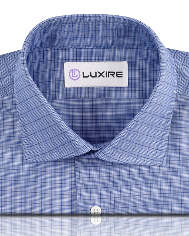 Front close view of custom check shirts for men by Luxire glen plaid spectrum blue