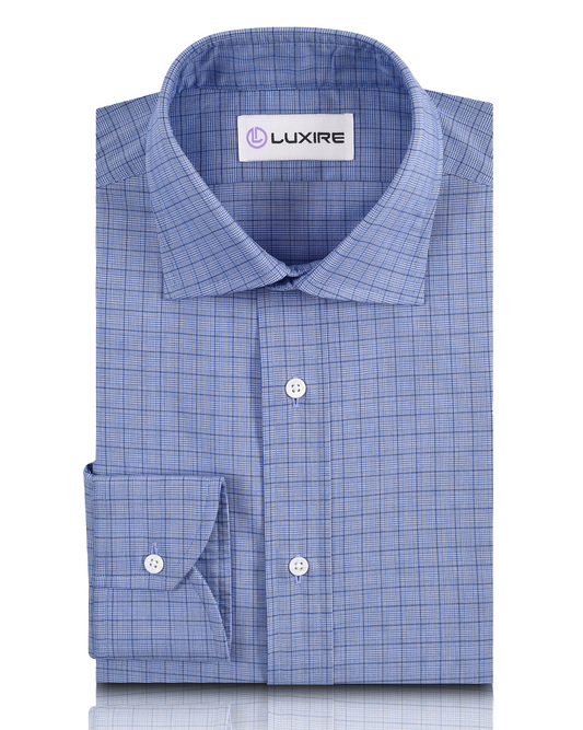 Front view of custom check shirts for men by Luxire glen plaid spectrum blue