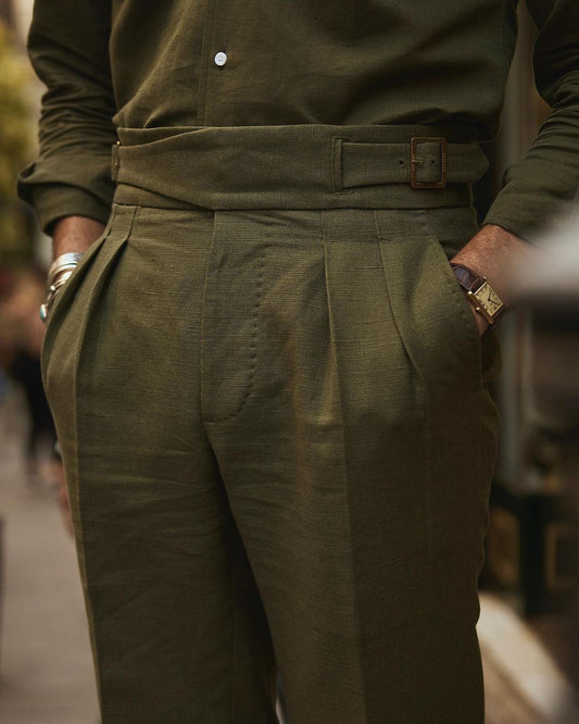 Front view of custom linen Gurkha pants for men by Luxire in olive