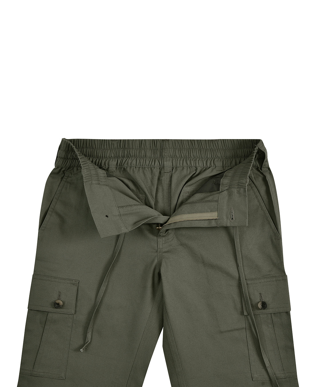 Front open view of custom cargo pants for men by Luxire in olive