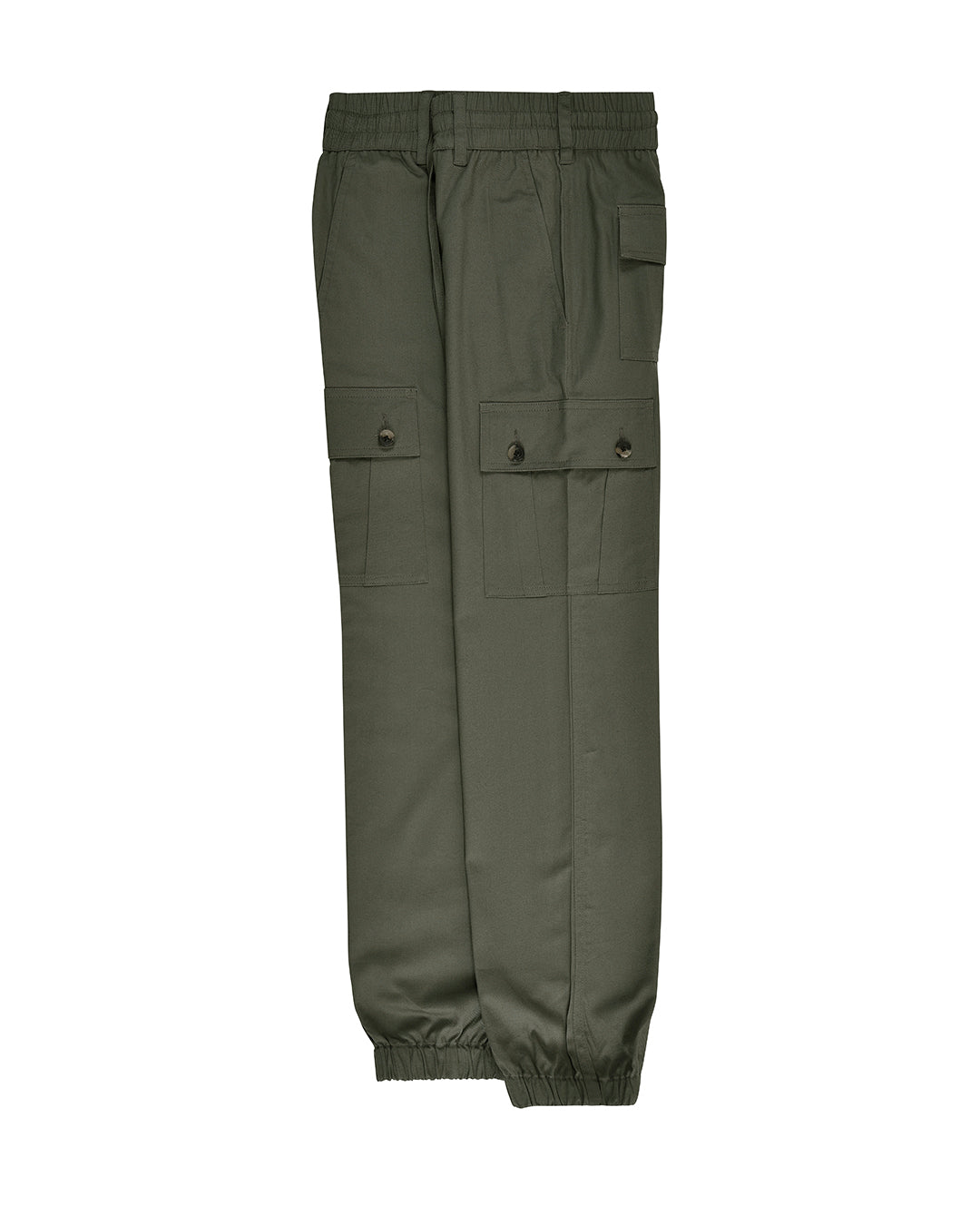 Side view of custom cargo pants for men by Luxire in olive green