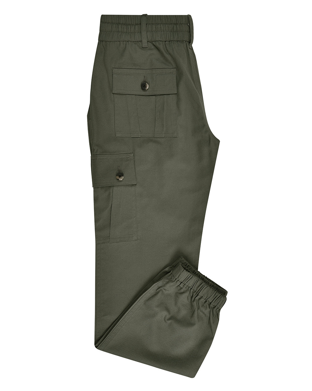 Side view of custom cargo pants for men by Luxire in olive