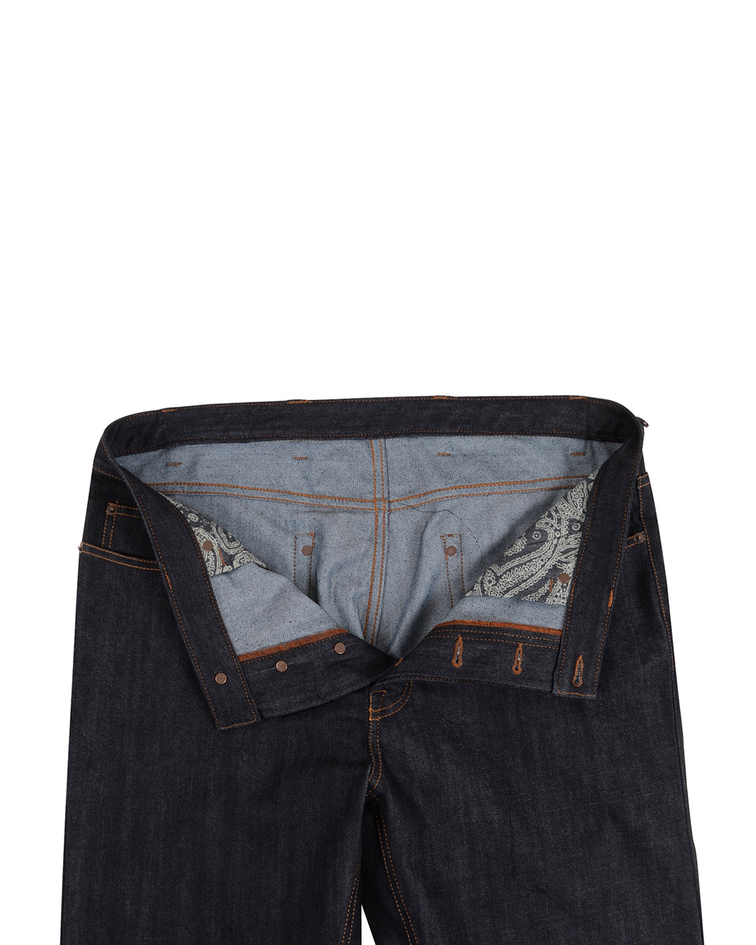 Front open view of custom denim jeans for men by Luxire in midnight blue