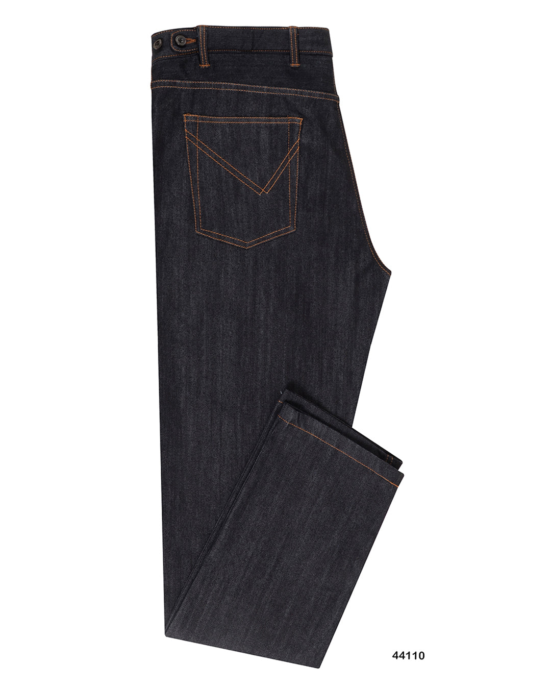 Side view of custom denim jeans for men by Luxire in midnight blue