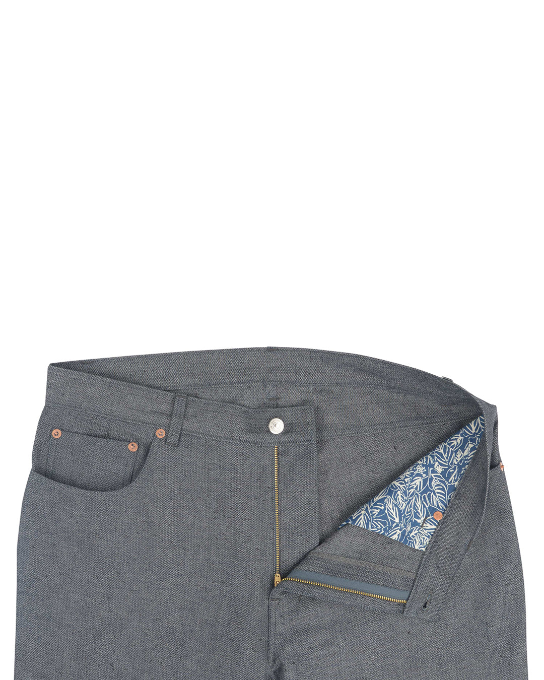 Front open view of custom broken slub jeans for men by Luxire in navy grey