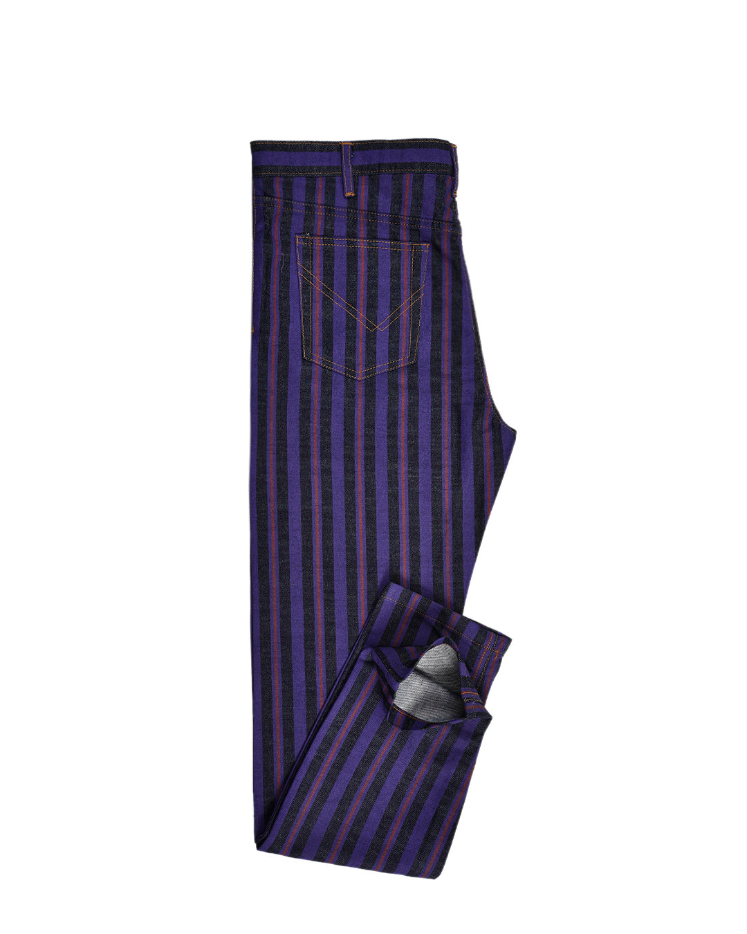 Side view of custom denim jeans for men by Luxire with purple stripes 2