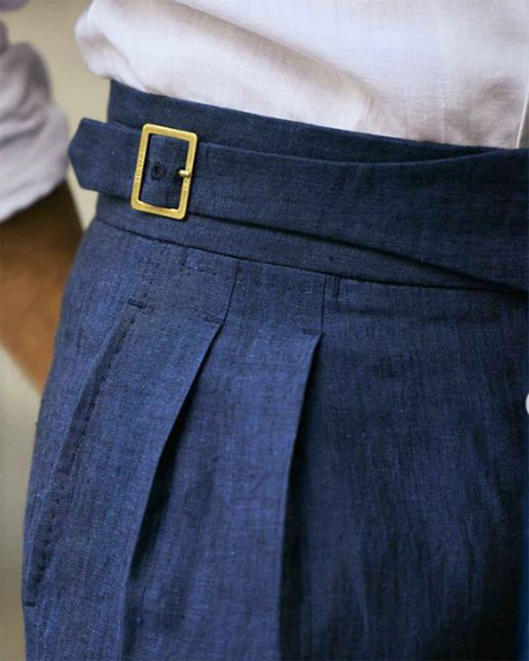 Front close up view of custom linen Gurkha pants for men by Luxire in dark indigo