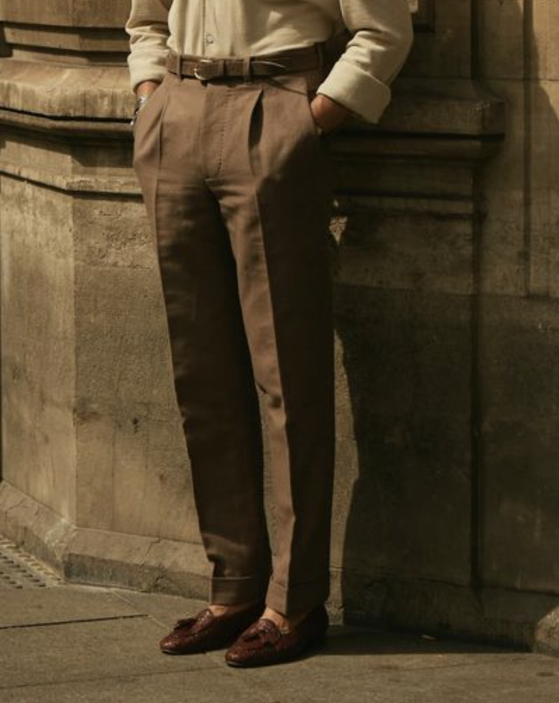 Pleated Brown Linen Cotton Canvas Pants - 3