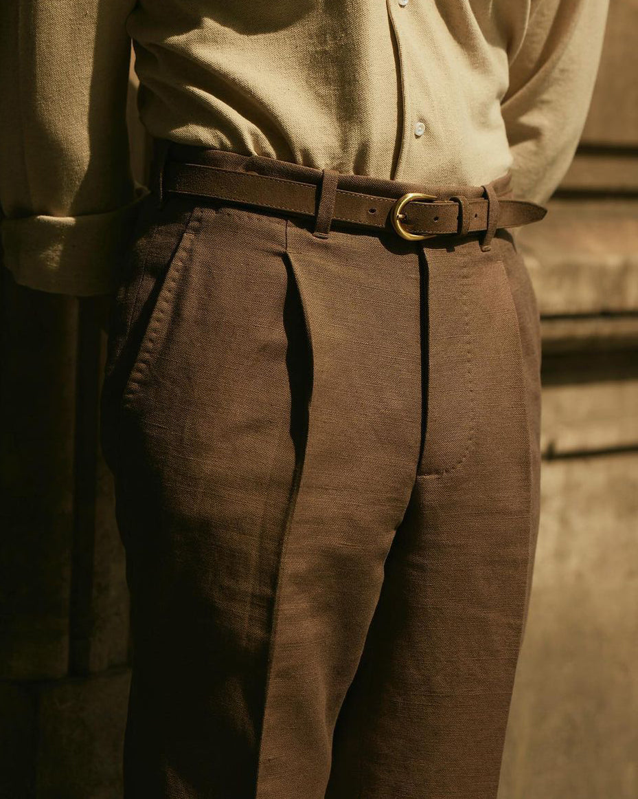 Pleated Brown Linen Cotton Canvas Pants - 1