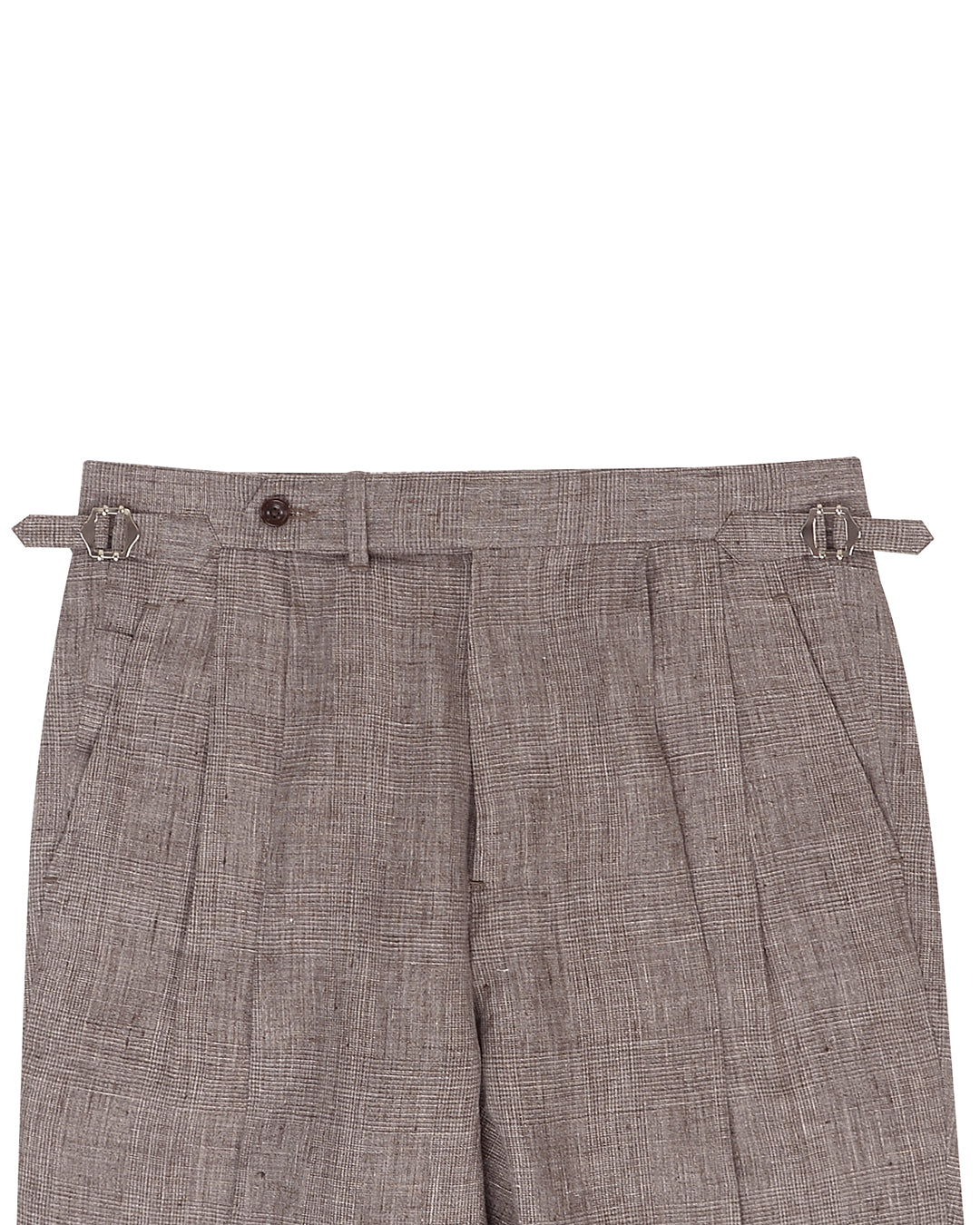 Front view of custom linen pants for men by Luxire in chocolate brown