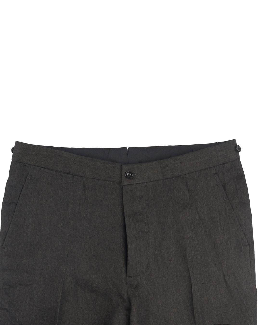 Front view of custom linen pants for men by Luxire in dark brown