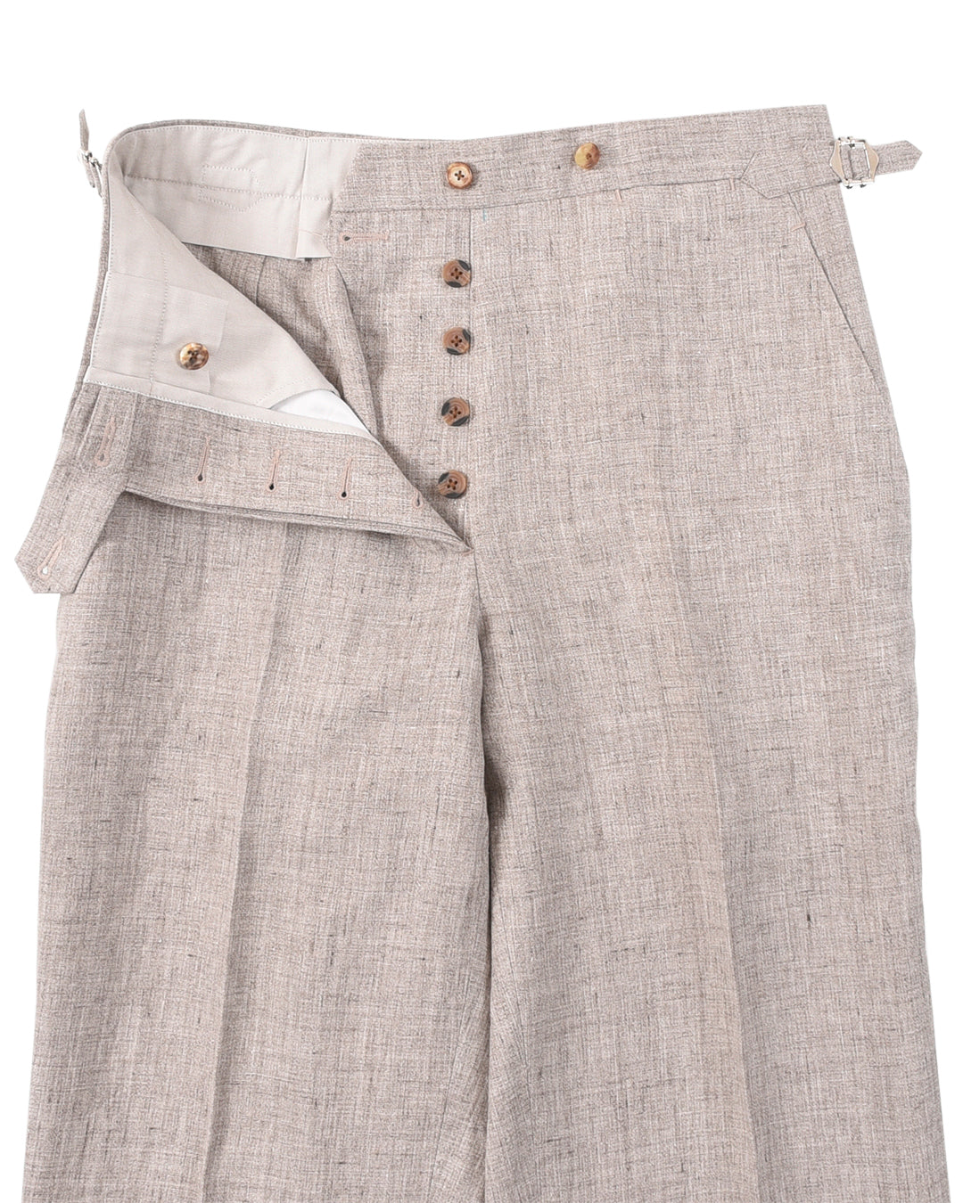 Front open view of custom linen pants for men by Luxire in light brown