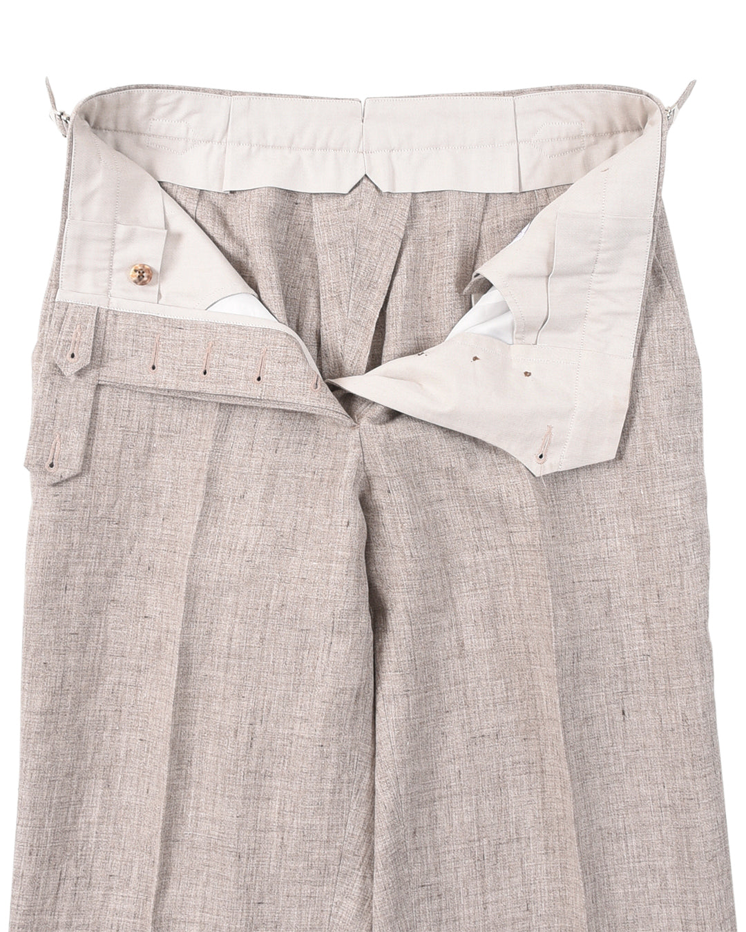 Open front view of custom linen pants for men by Luxire in light brown