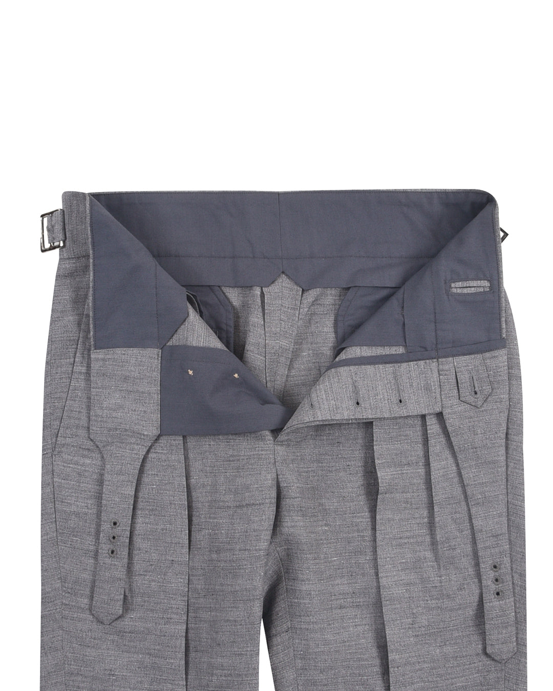 Front open view of custom linen pleated pants for men by Luxire in light grey