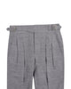 Front view of custom linen pleated pants for men by Luxire in light grey