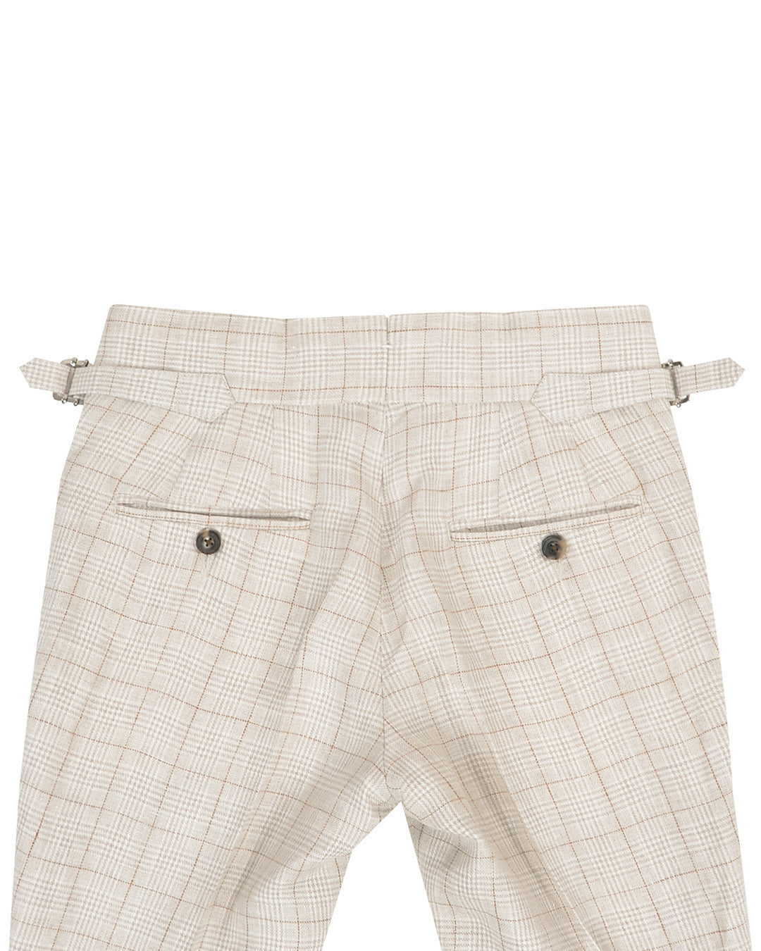 Back view of custom linen pants for men by Luxire in light tan plaid