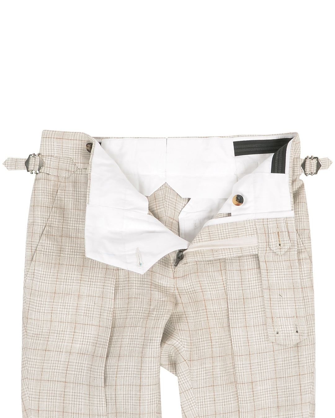 Openview of custom linen pants for men by Luxire in light tan plaid