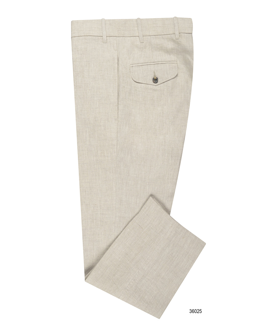 Side profile view of custom linen suiting pants for men by Luxire in muslin