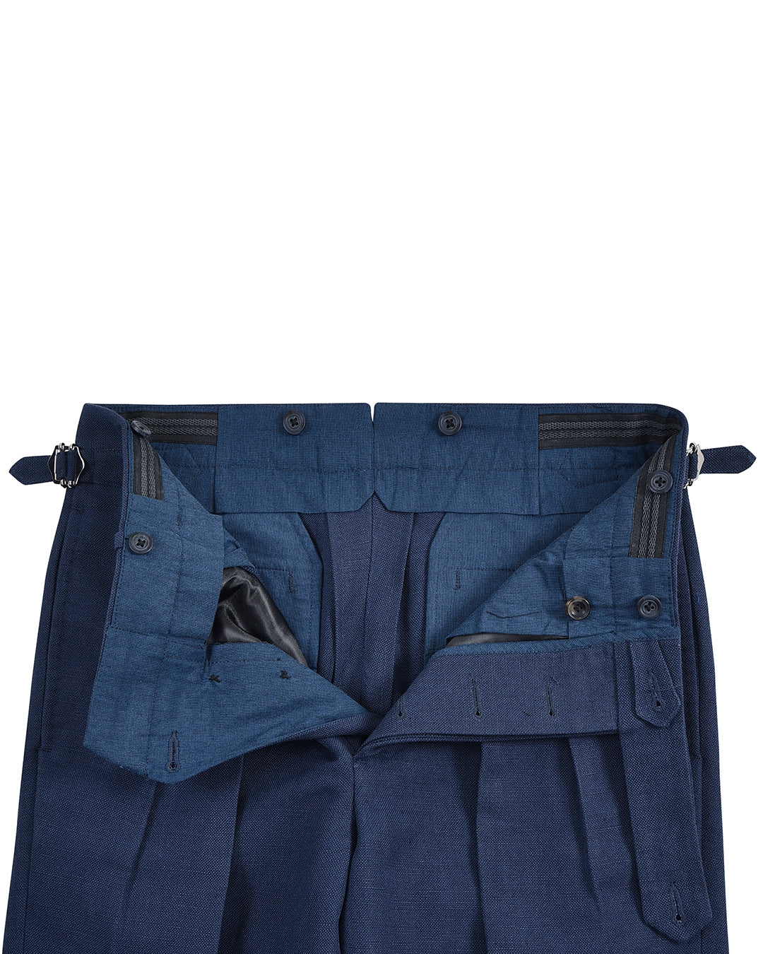 Front open view of custom linen canvas pants for men by Luxire in navy