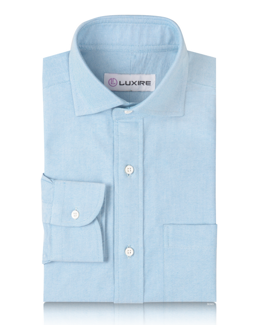 Front of the custom oxford shirt for men by Luxire in aqua blue