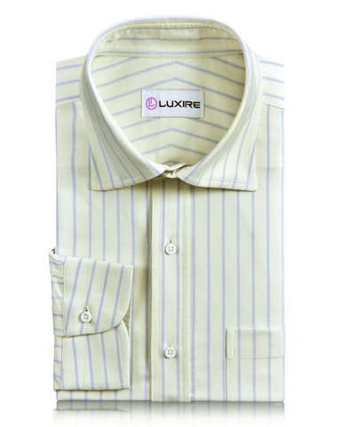 Front of the custom oxford shirt for men by Luxire in moss green with blue stripes