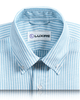 Collar of the custom oxford shirt for men by Luxire in ferozi blue on white university stripes