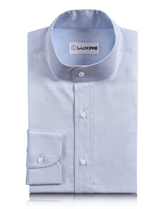 Front of the custom oxford shirt for men by Luxire in mid blue