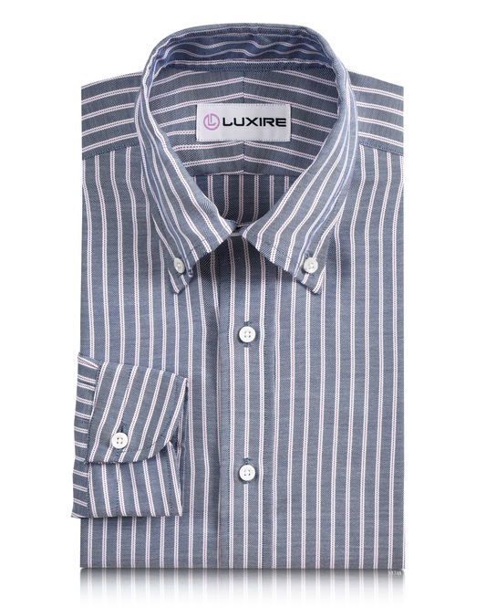 Front of the custom oxford shirt for men by Luxire in navy awning with red pinstripes
