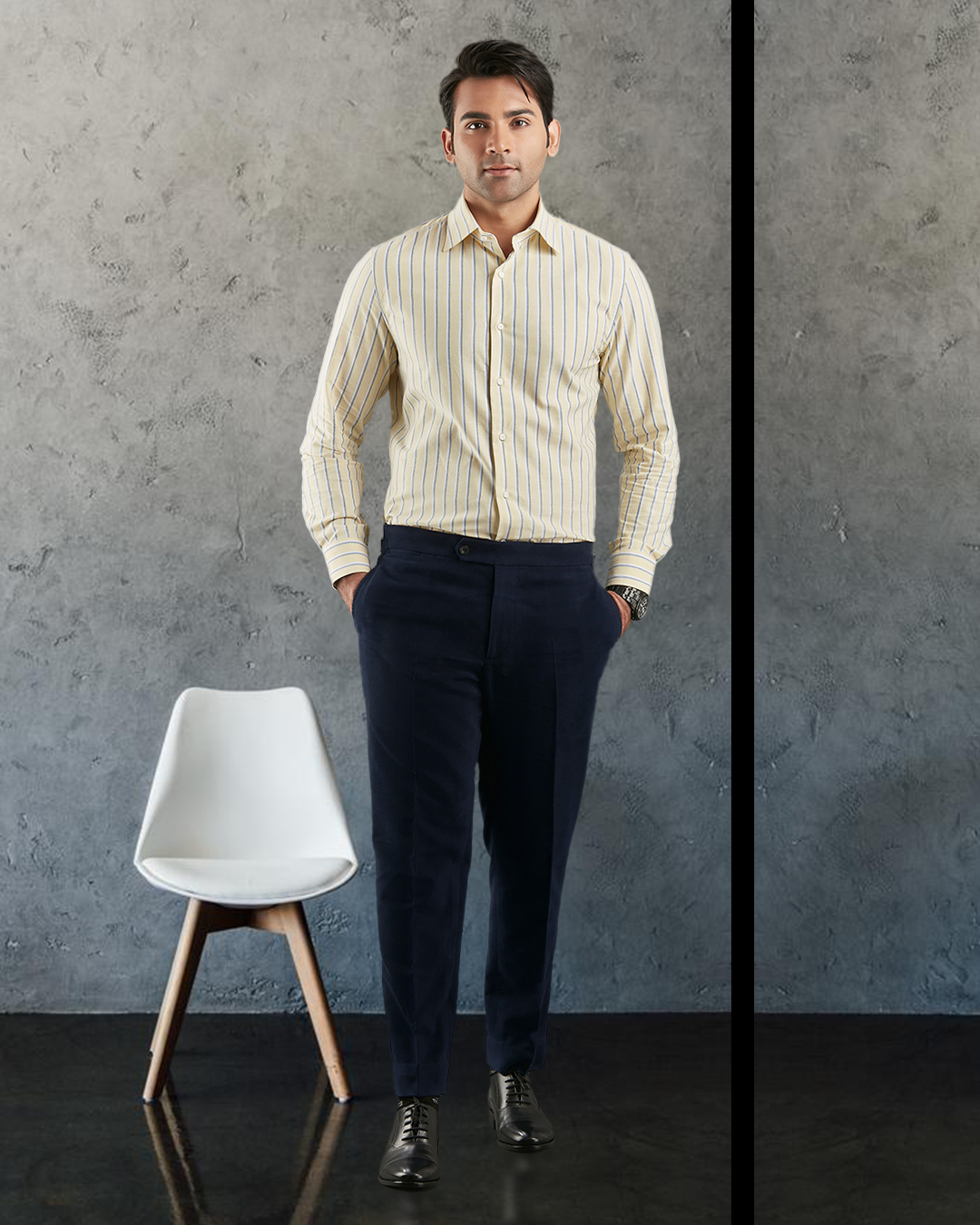 Indigo White Stripes On Pale Yellow Oxford Shirt - 2