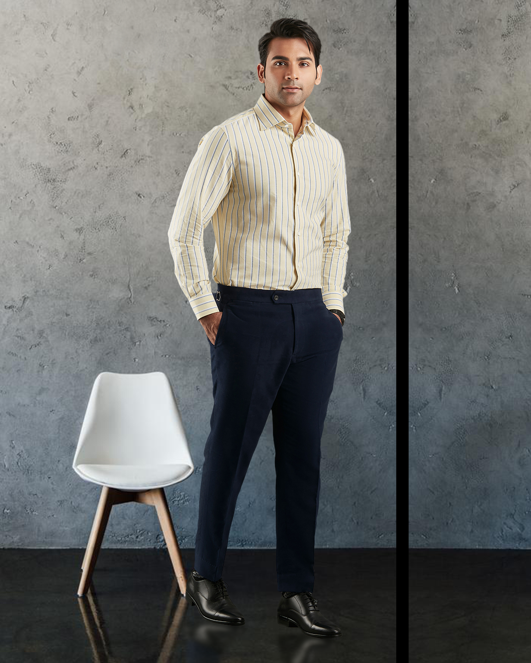 Indigo White Stripes On Pale Yellow Oxford Shirt - 3