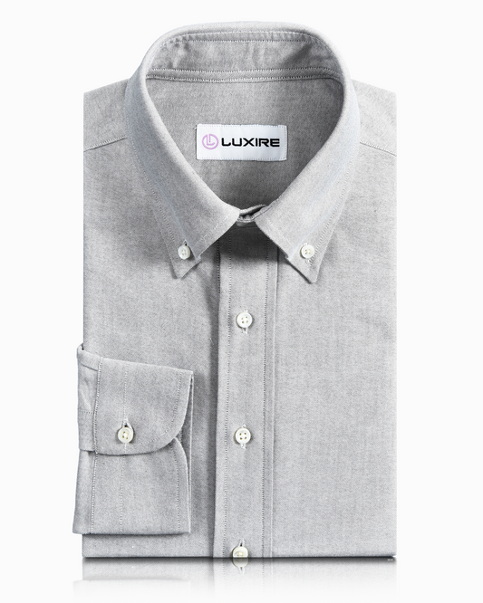 Front of the custom oxford shirt for men by Luxire in pebble grey