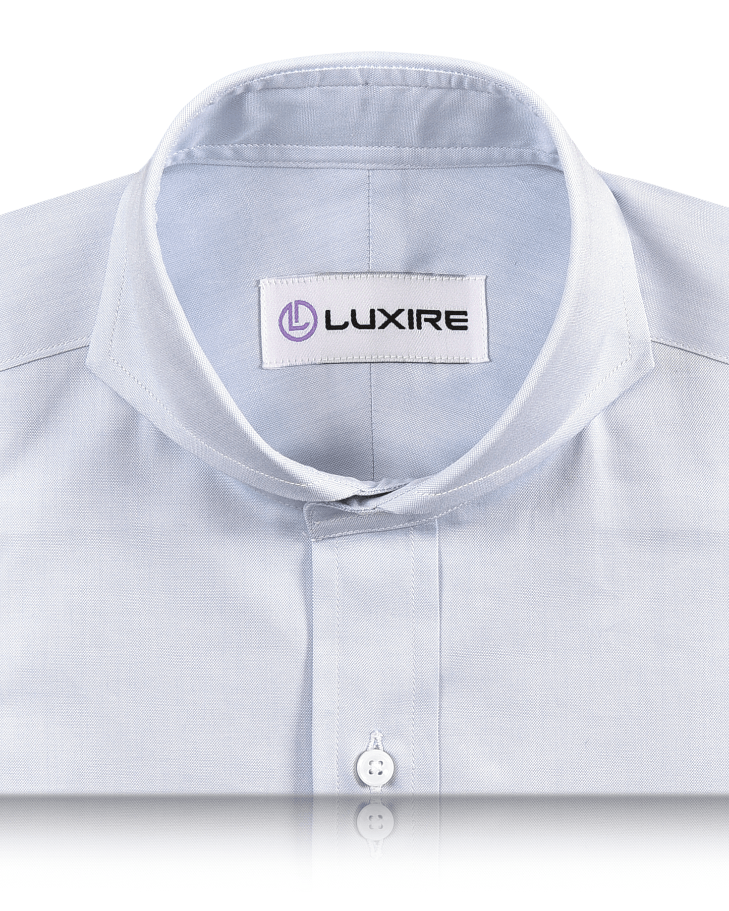 Collar of the custom oxford shirt for men by Luxire in sky blue brembana pinpoint