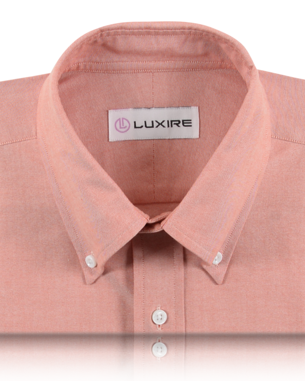 Collar of the custom oxford shirt for men by Luxire in reddish orange