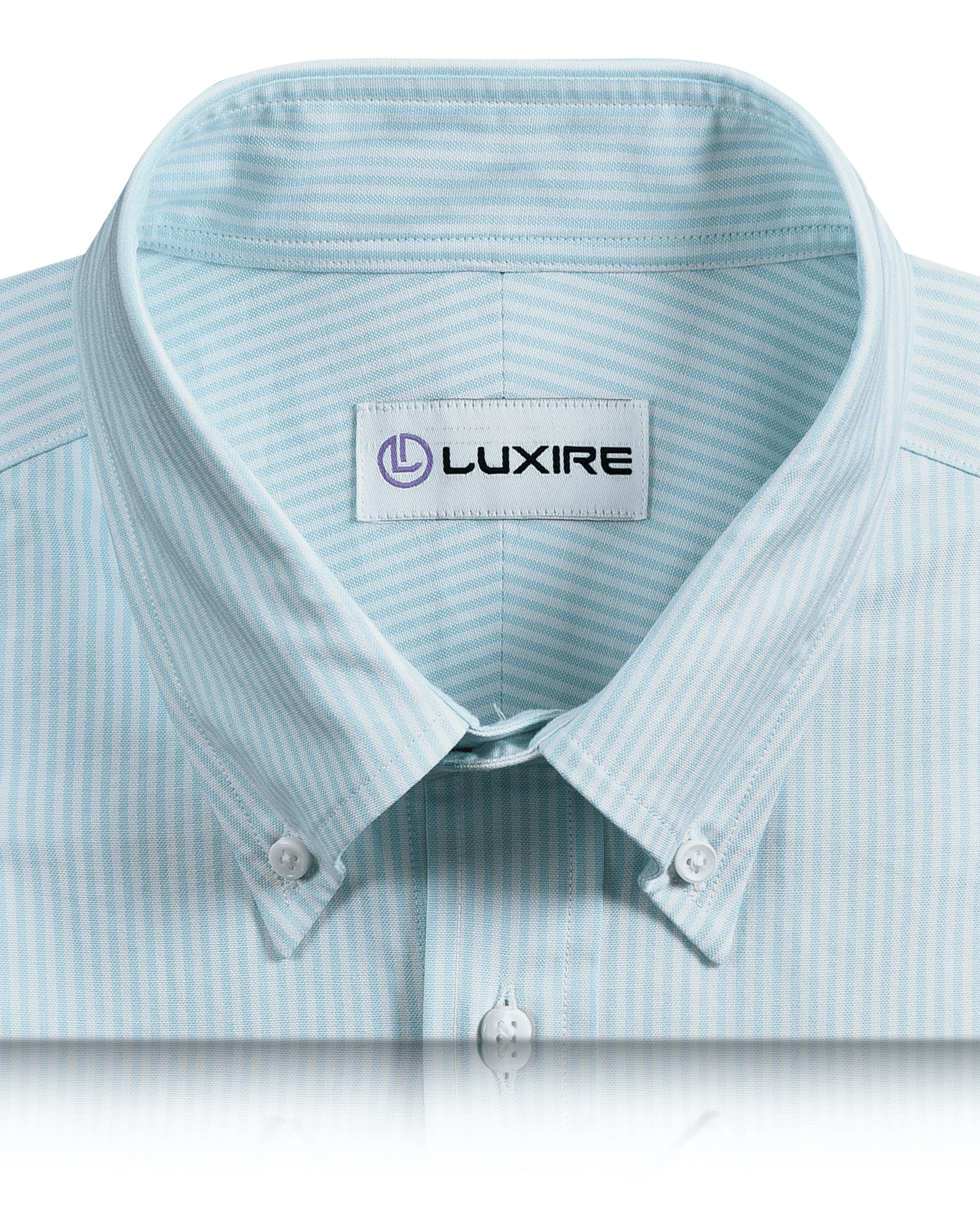 Collar of the custom oxford shirt for men by Luxire in sky blue with dress stripes