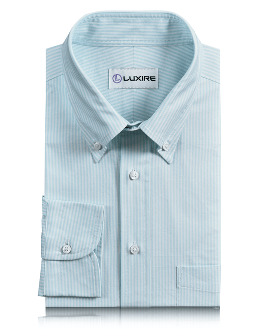 Front of the custom oxford shirt for men by Luxire in sky blue with dress stripes