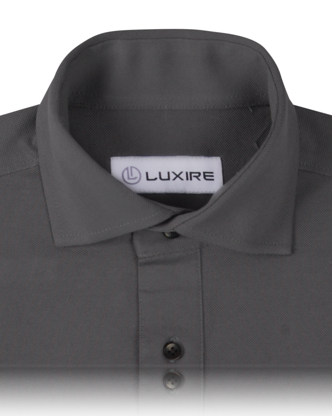 Collar of the custom oxford polo shirt for men by Luxire in ash grey