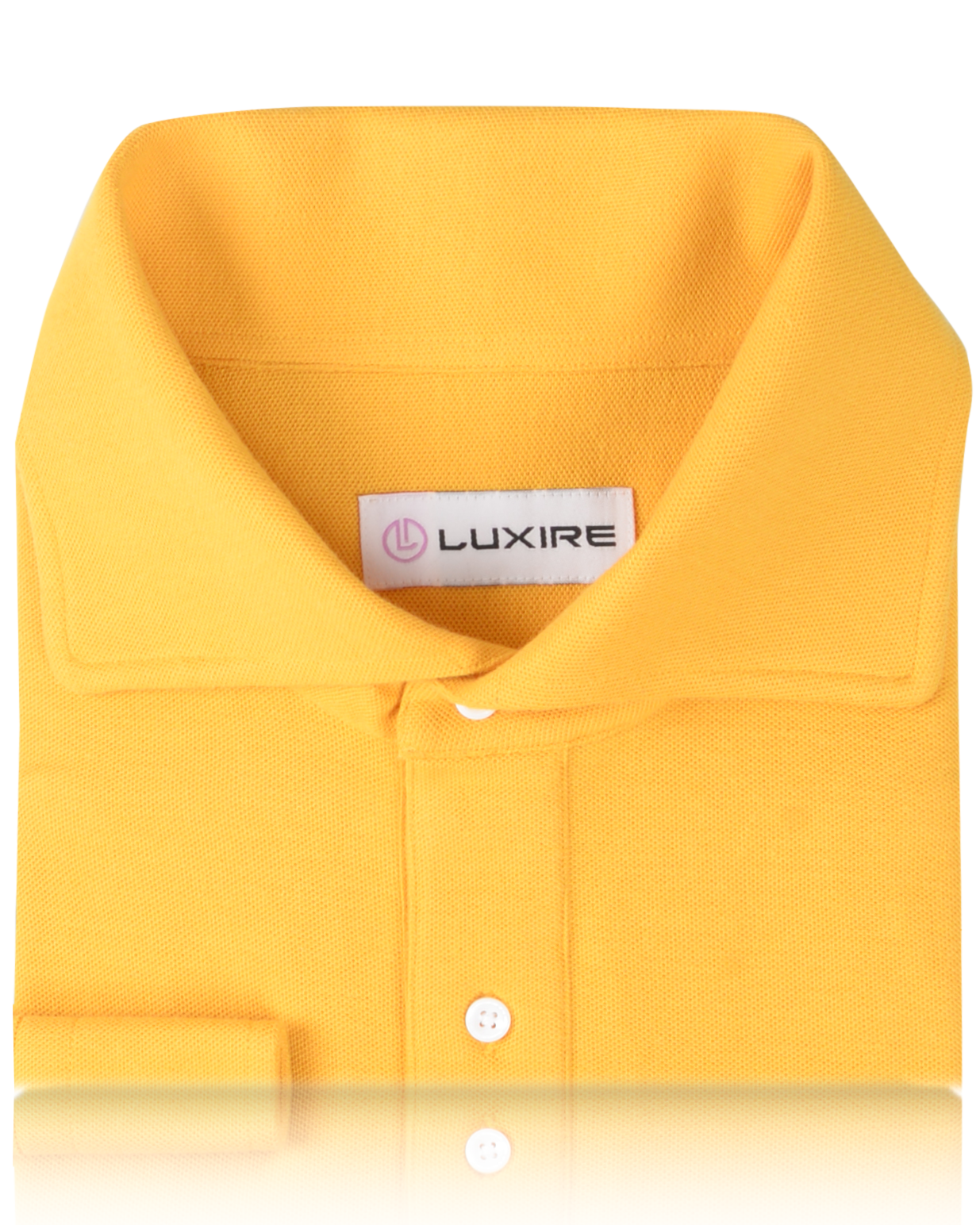 Collar of the custom oxford polo shirt for men by Luxire in golden yellow