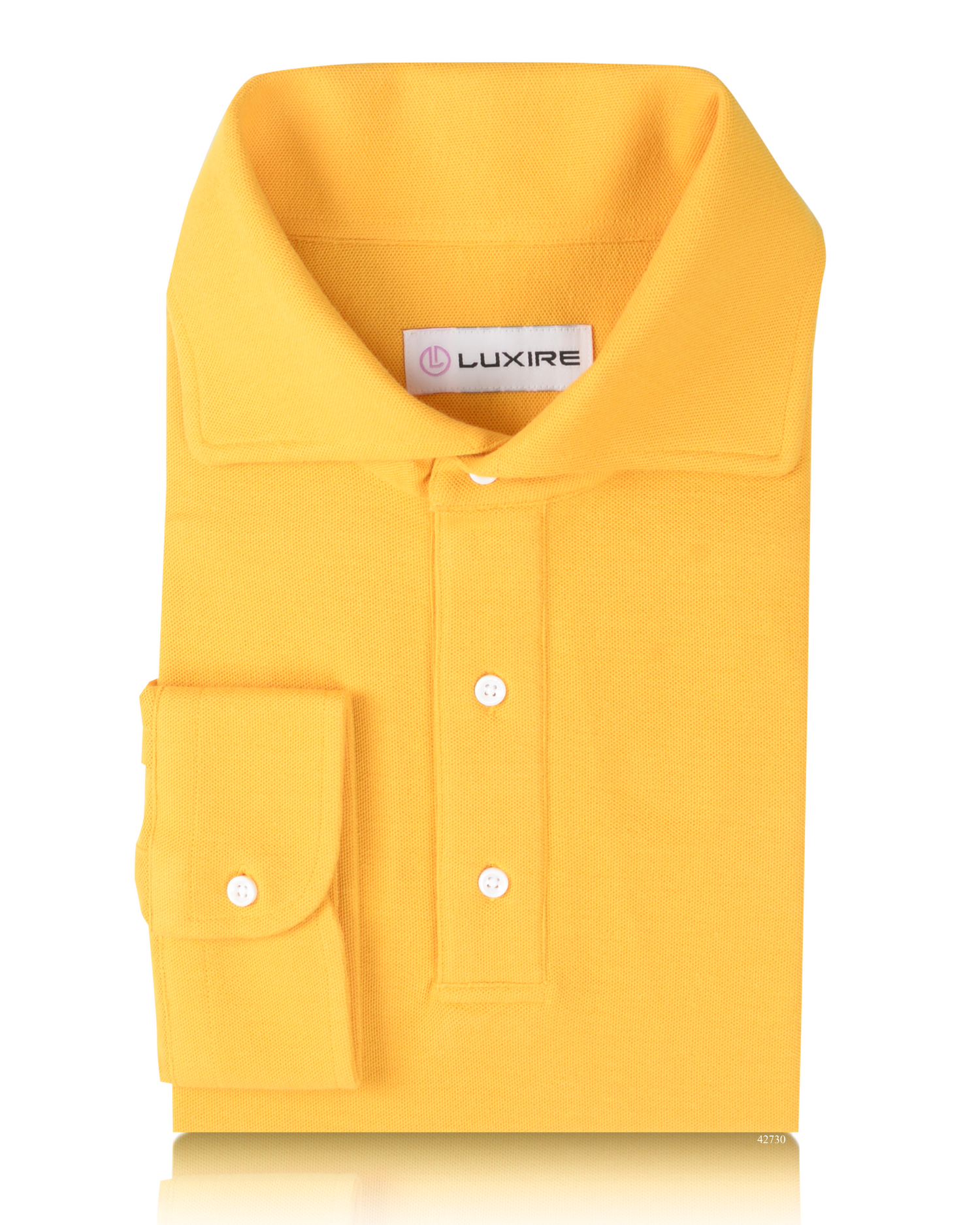 Front of the custom oxford polo shirt for men by Luxire in golden yellow