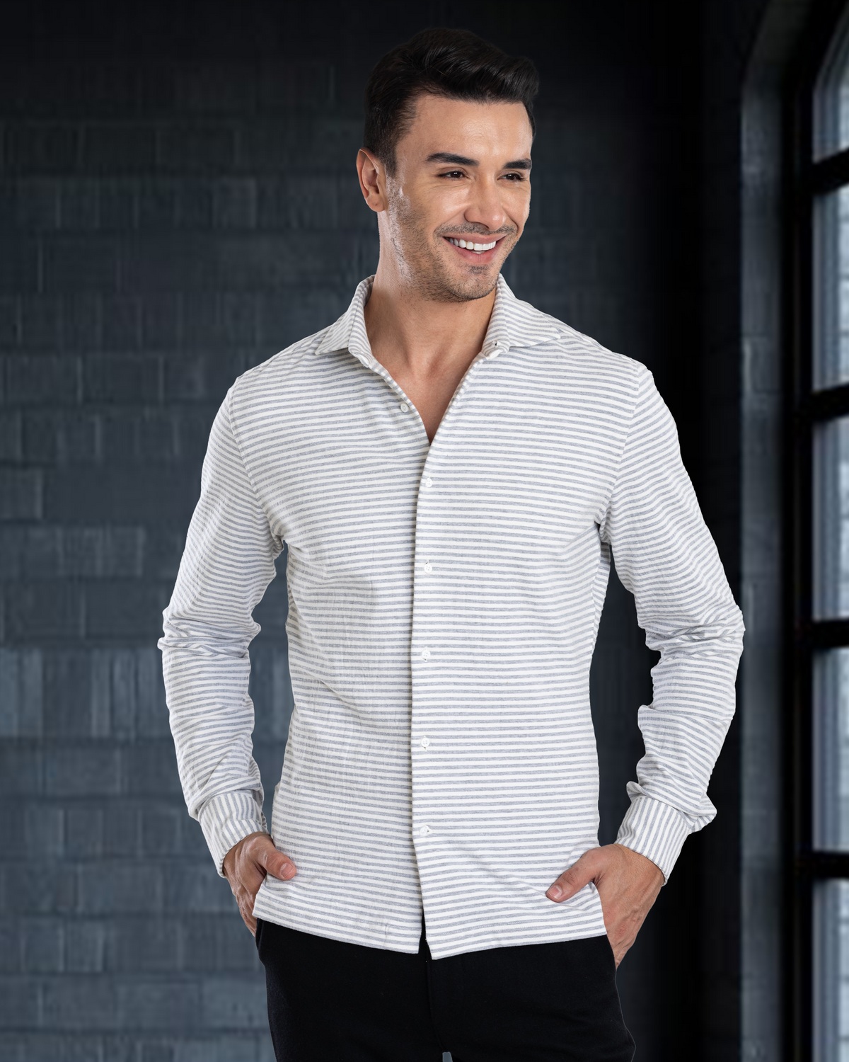 Grey White Candy Stripes Polo Shirt - 3