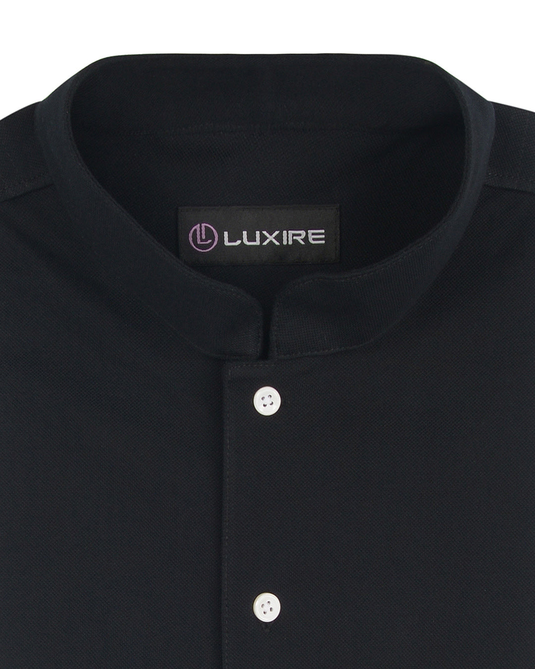 Collar of the custom oxford polo shirt for men by Luxire in metal black