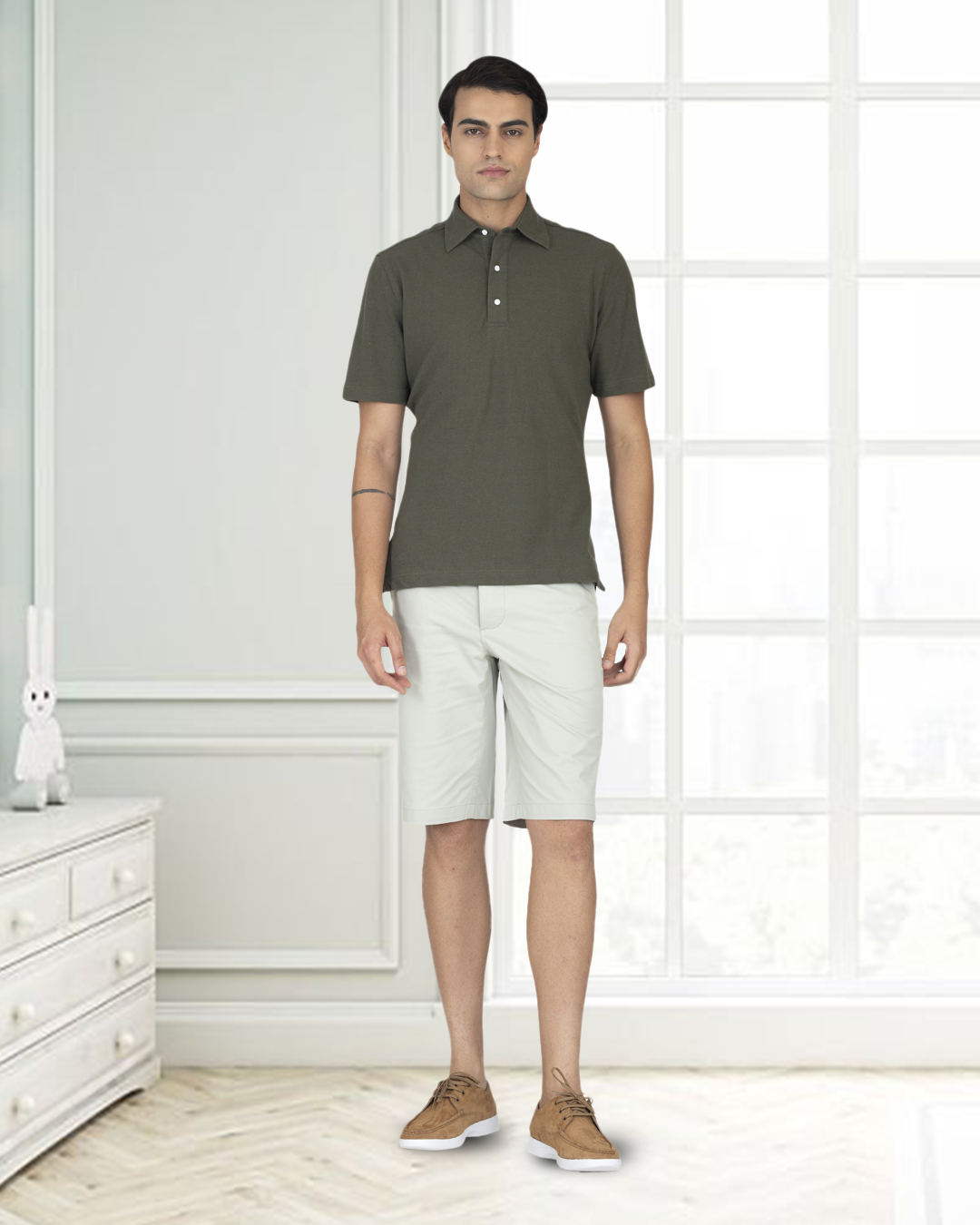 Olive Green Linen Cotton Polo T-Shirt - 3