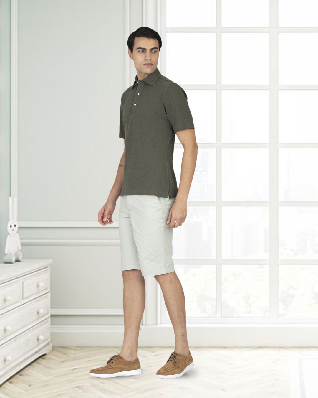 Olive Green Linen Cotton Polo T-Shirt - 4