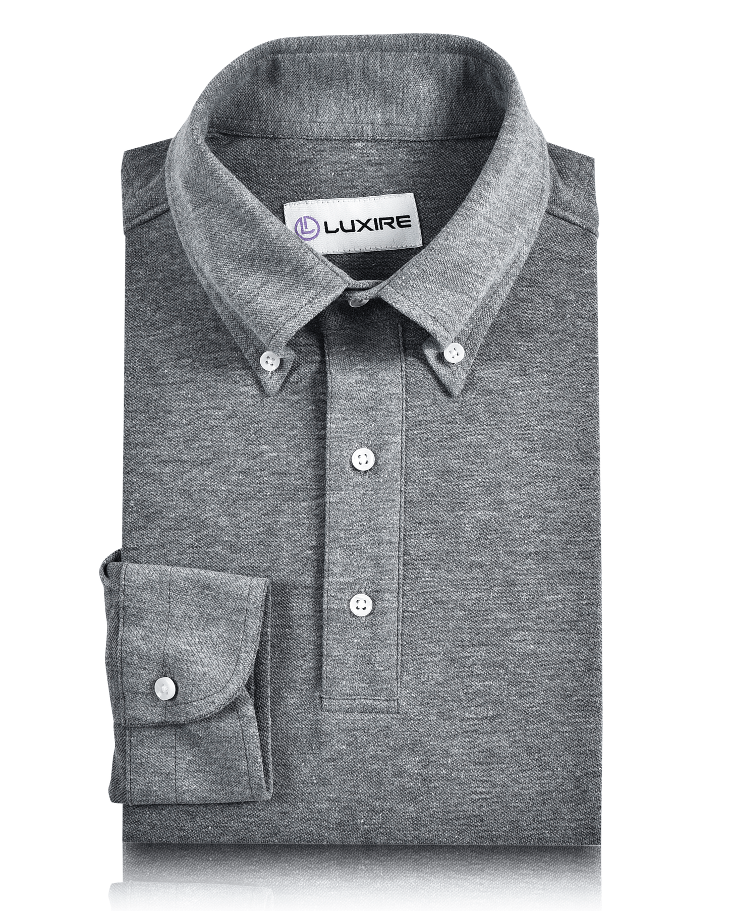 Front of the custom oxford polo shirt for men by Luxire in slate grey