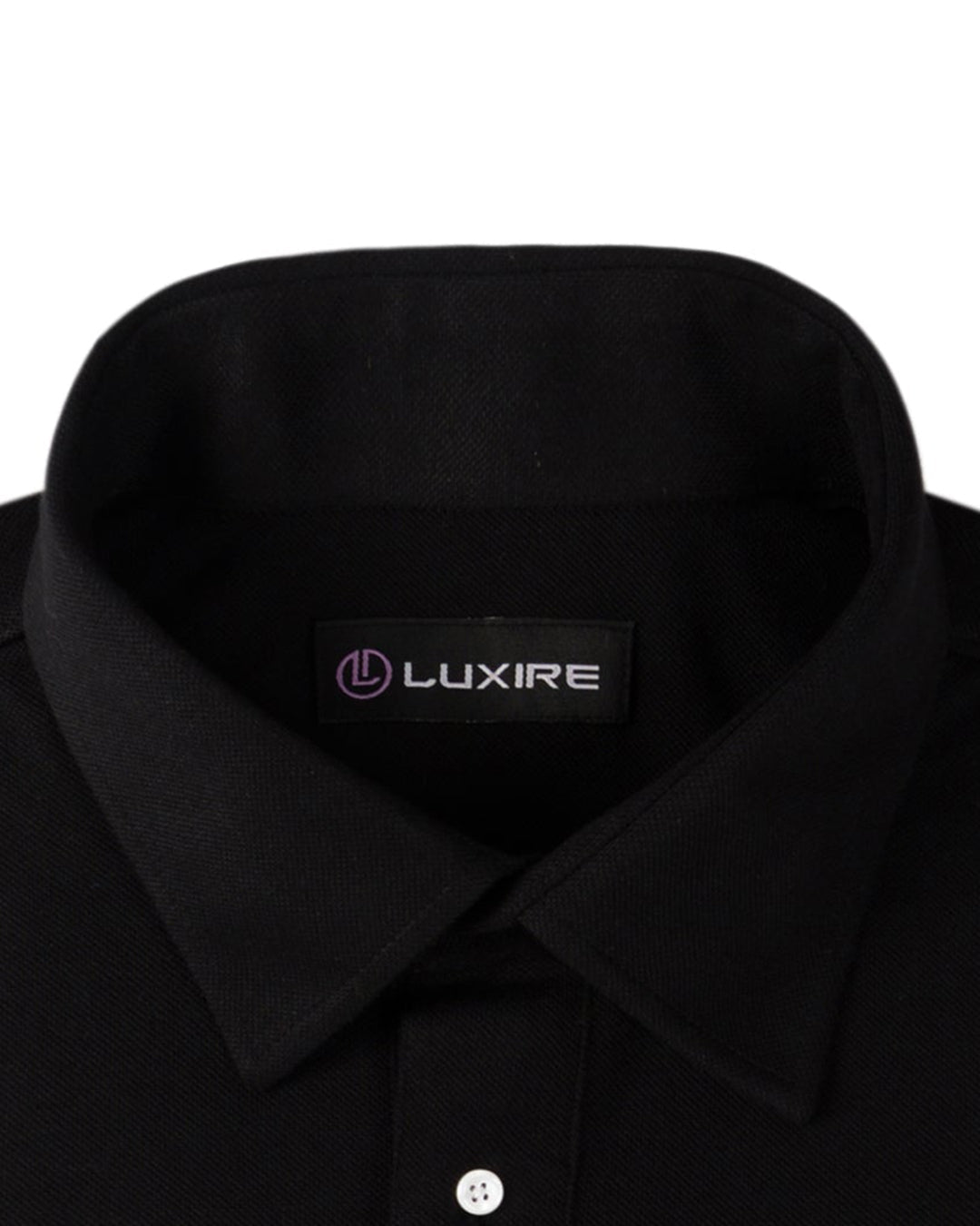 Collar of the custom oxford polo shirt for men by Luxire in soft black