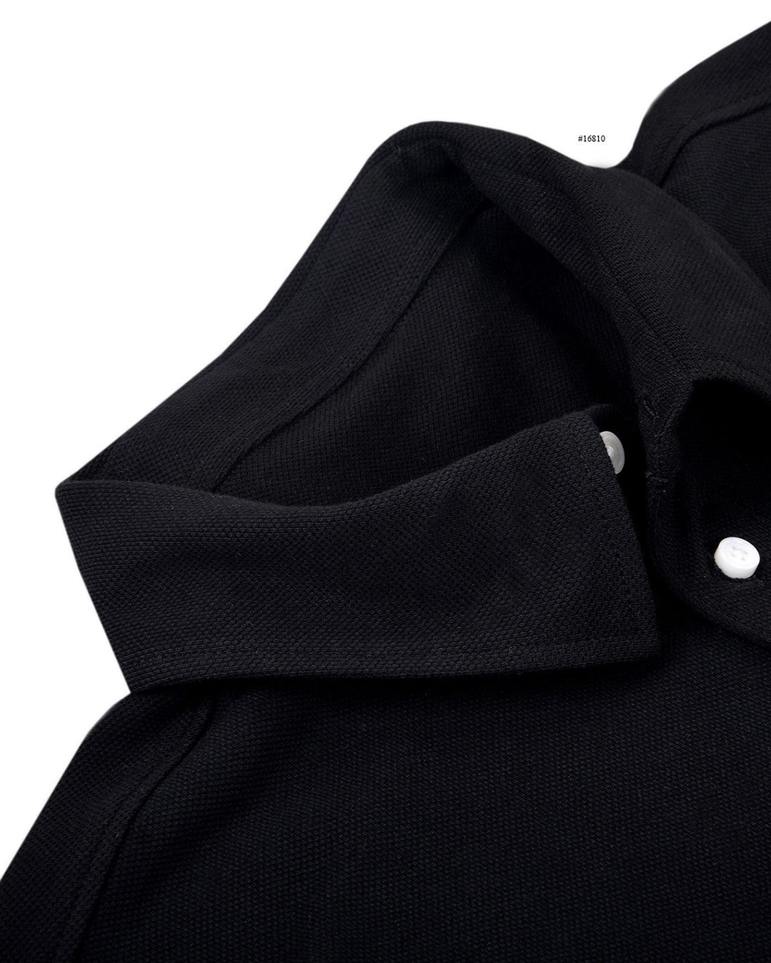 Collar close up of the custom oxford polo shirt for men by Luxire in soft black